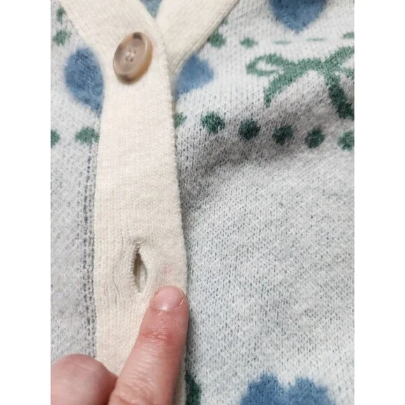 Girlish Heart Bow Cardigan Sweater Blue Cream Button Up Soft Knit Womens XL GUC - Picture 9 of 11